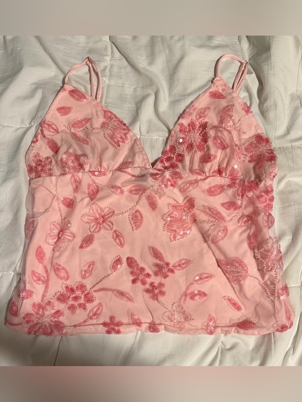 Pink Floral Sequin Mesh Cami with Adjustable Straps
